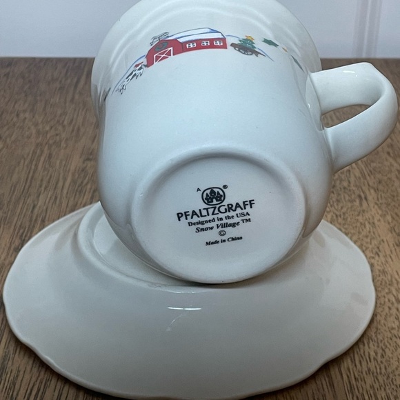 Pfaltzgraff White Mug and Saucer with Red Barn Holiday Design - Picture 6 of 6
